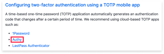 GitHub's guide on configuring two factor authentication using time-based one-time password. Authy is highlighted because Hack for LA contributors prefer the Authy mobile application