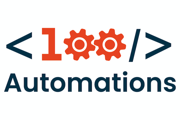 100 Automations logo depicted as a 1 and two intermeshed gears surrounded by a open left bracket, forward slash and closing right bracket to indicate the 100 automations are in code, followed by the word Automations.