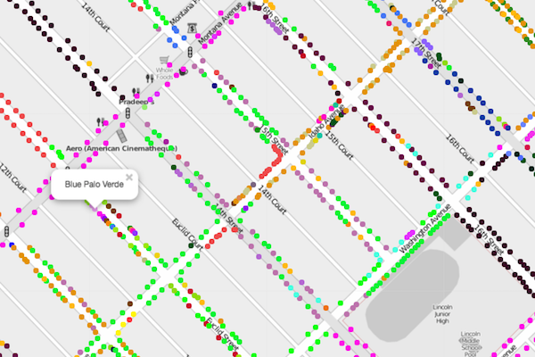 Zoomed-in map showing ten streets of the neighborhood. Each dot on the map displaying a tree from the urban forest