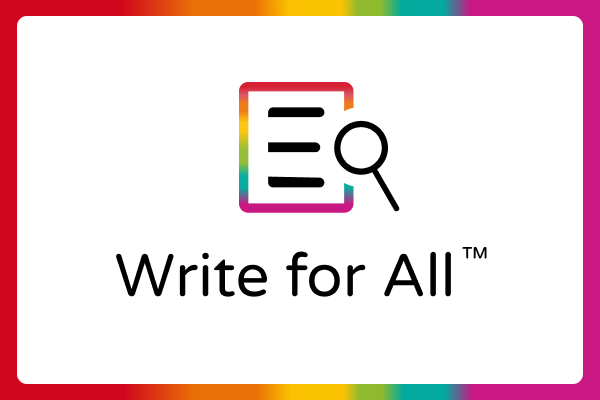 A rainbow document searcher icon, the words "Write for All TM", and a rainbow-like border.